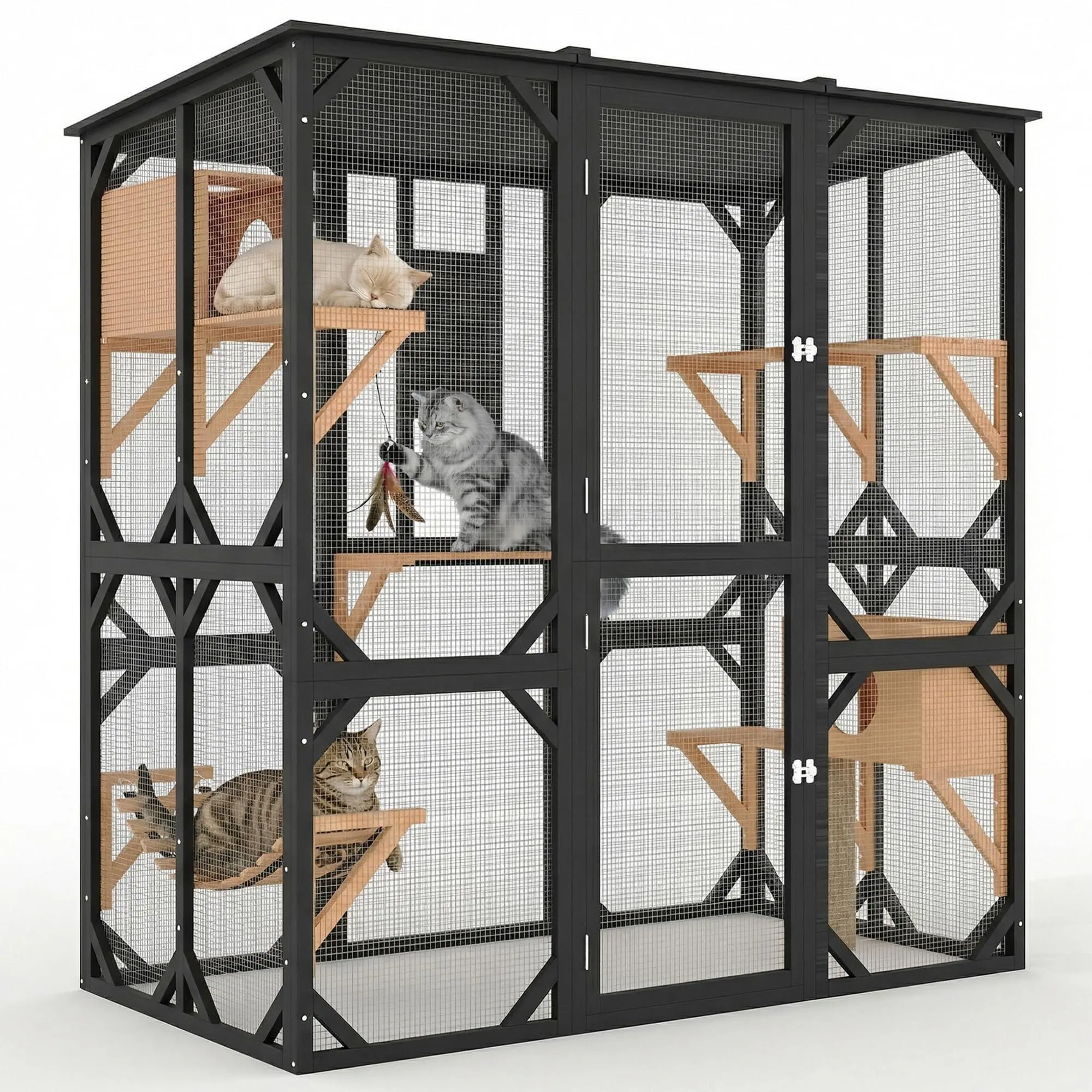 GARVEE Wood Frame Black Walk-In Cat Enclosure - Large Cage with Multiple Levels, 4 Platforms, 2 Houses, Hammock, Waterproof Roof, Deck, Scratching Post - Safe for Garden, Patio - For 2-4 Cats