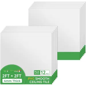 Smooth Drop Ceiling Tiles 2ft x 2ft, PVC Ceiling Tile 24 x 24in - , Fire-Rated to  Breakage - Package of 12 Tiles Cover 48 Sq. Ft, White