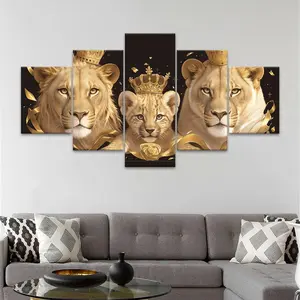 Lion Family with Crown Pattern Canvas Unframed Painting, 5 Counts/set Modern Wall Art Poster, Wall Art Decor for Home Living Room Bedroom Office, Ornaments