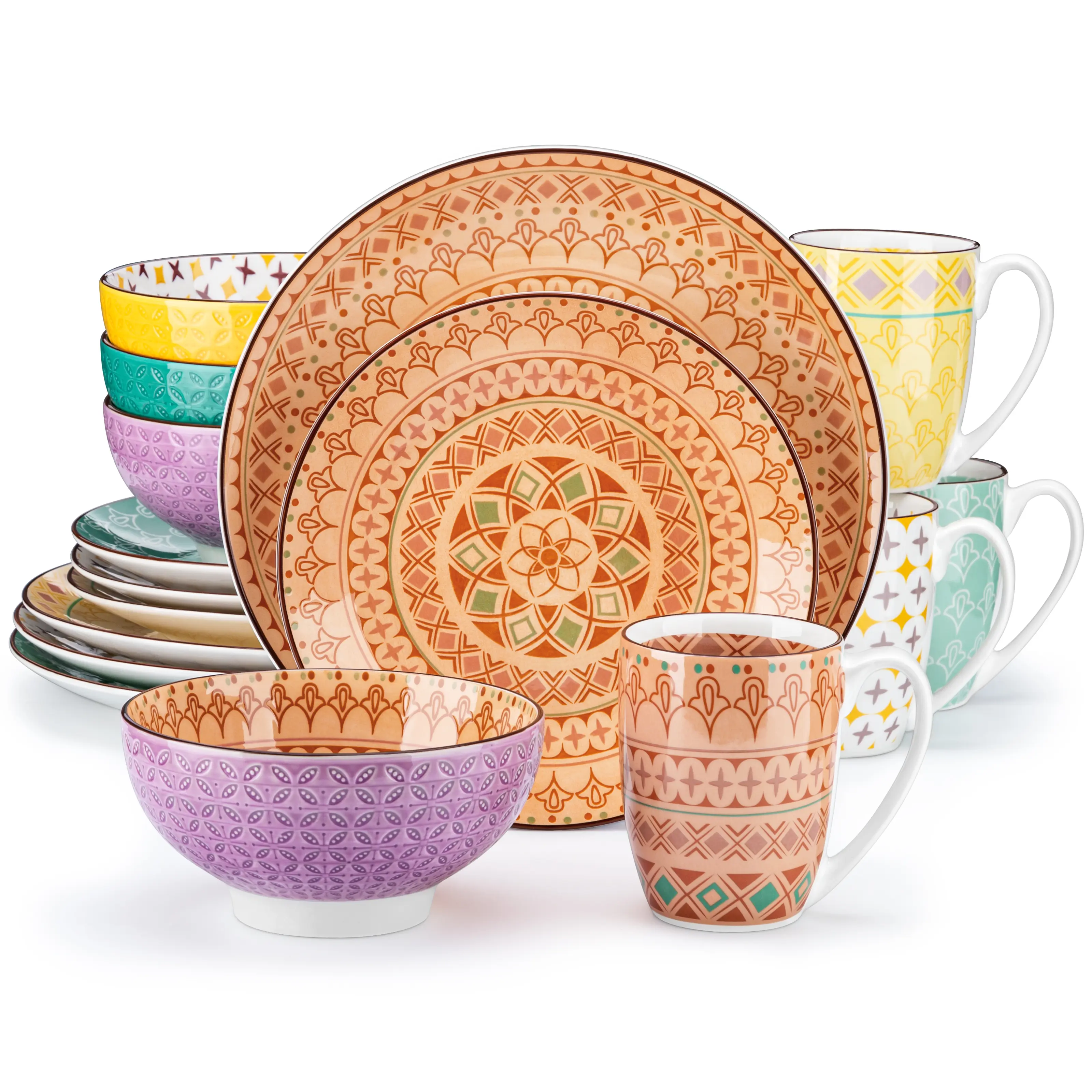 vancasso TULIP 16-Piece Japanese Style Porcelain Dinnerware Set, Colorful Ceramic Plates, Bowls & Mugs Set for 4, Microwave & Dishwasher Safe