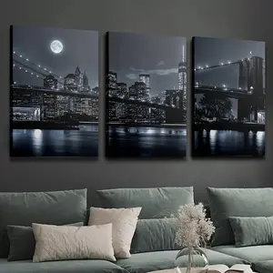 3-Piece Pine Wood Framed Canvas Oil Painting Photo - High-Definition Artistic Evening Cityscape Wall Decor, Hangable Home Supply, Suitable for Gifting and Room Adornment, Modern Home Decor, Cityscape Art