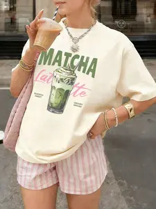 Women's Milk Silk Fabric Tee, Casual Smooth Comfortable Breathable Matcha Drink Pattern Round Neck Short Sleeve Summer Top