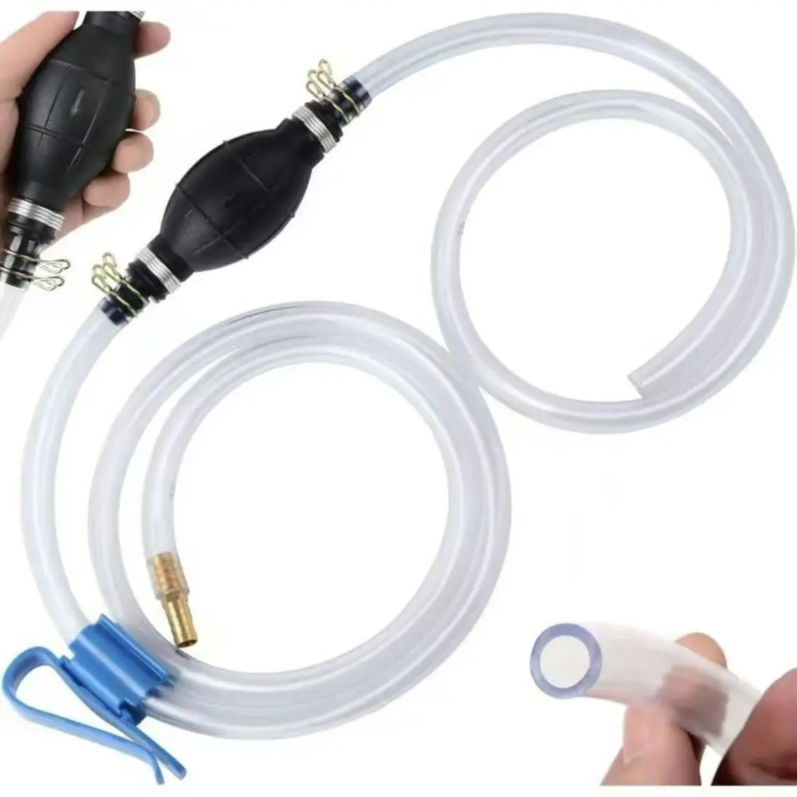 Manual Hand Pump Set with Manual Grip - 1 Hand Pump, 2 PVC Siphon Hoses (15mm Durable), Hose Clip, Metal Buckles, Secure Fittings, Brass Component for Gasoline, Fluid Transfers