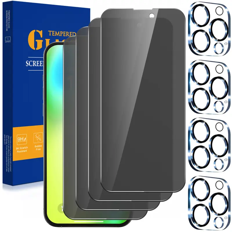 [4+4 Pcs Set] Privacy Screen Protector with 3 Pack Camera Lens Protector For iPhone 17 16 15 14 13 12 11 Pro Max Tempered Glass Privacy Screen Camera Protector