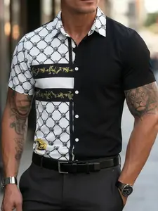 Luxury Baroque Style Slim Fit Short Sleeve Shirt | Half Black & Half Chain Print with Gold Baroque Accents, Gold Accent Detailing | Smooth Wrinkle-Resistant Fabric | Versatile One Outfit Multiple Looks for Nightout, Party & Light Business Wear