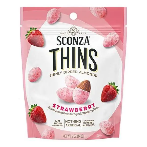 Sconza Thins Strawberry Yogurt Almonds 5 oz 6 ct Peg Bag