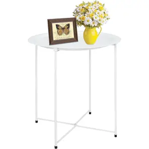 End Table Metal Side Table White Round Folding Tray Cyan Sofa Small Accent Fold-able Table, Round End Table Tray, Next to Sofa Table, Snack Table for Living Room and Bed Room