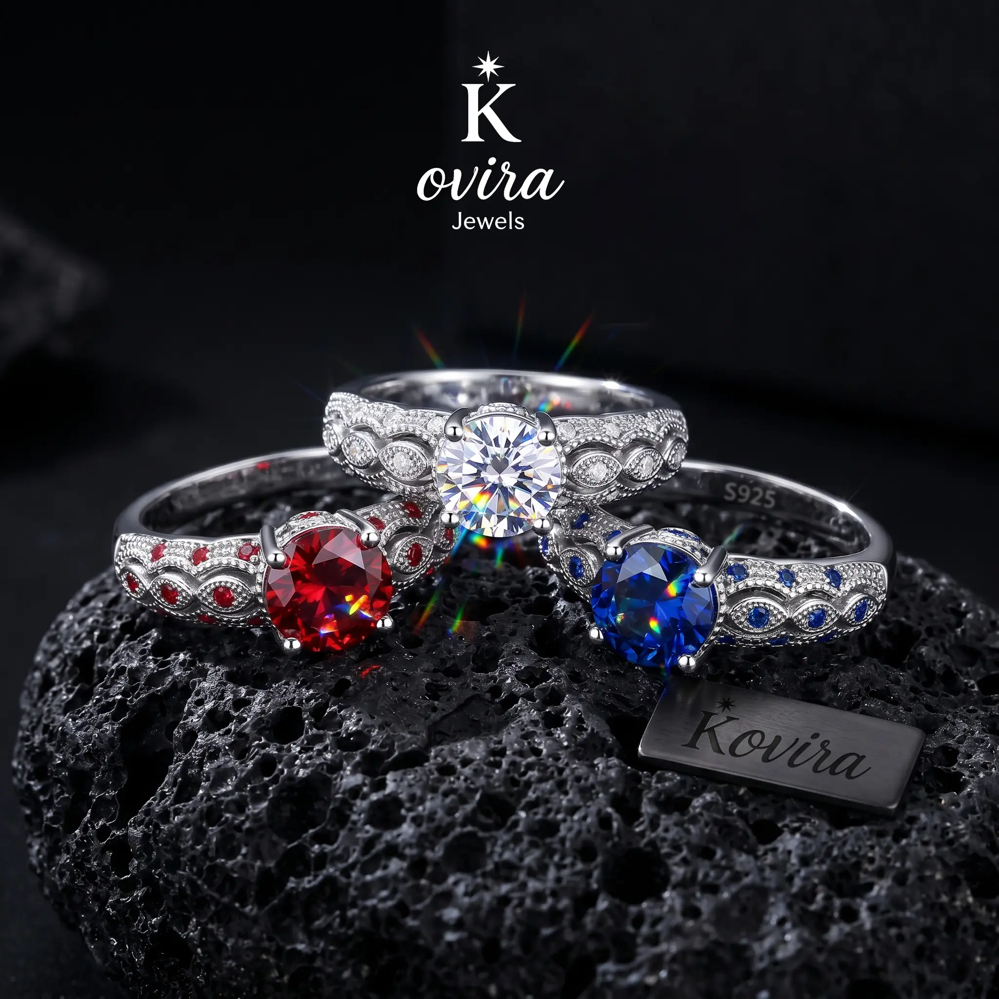 Kovira S925 Sterling Silver Birthstone Evileye Rings for Women, Vintage Filigree Band with Red, White & Blue Stones, Birthstone Jewelry for Adults, Vintage Rings Jewelry, Rings For Women