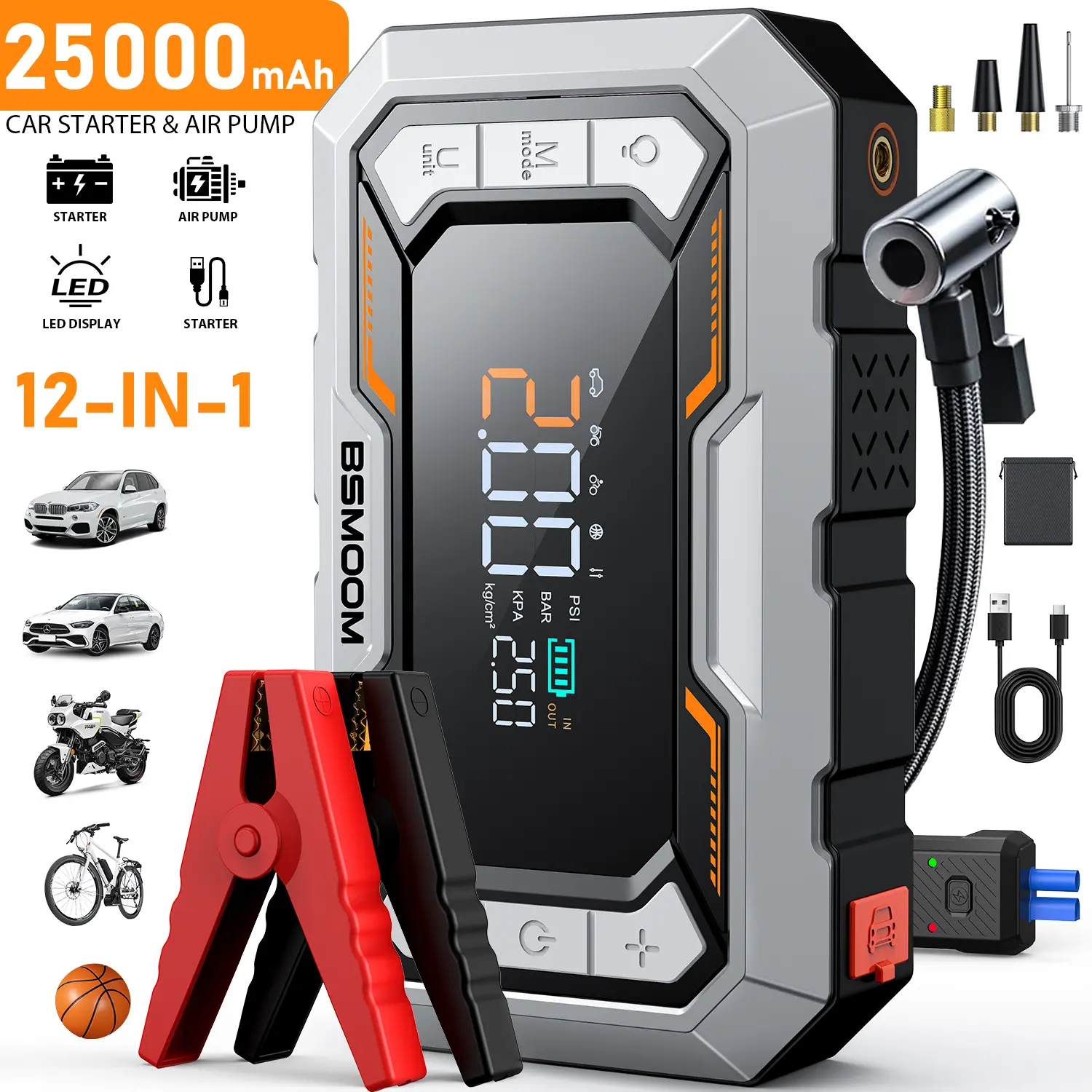 BSMOOM 8500A Peak 25000mAh (ALL 10.0L Gas & 8.0L Diesel Engines)12V Portable Jump Starter with 150PSI Air Compressor