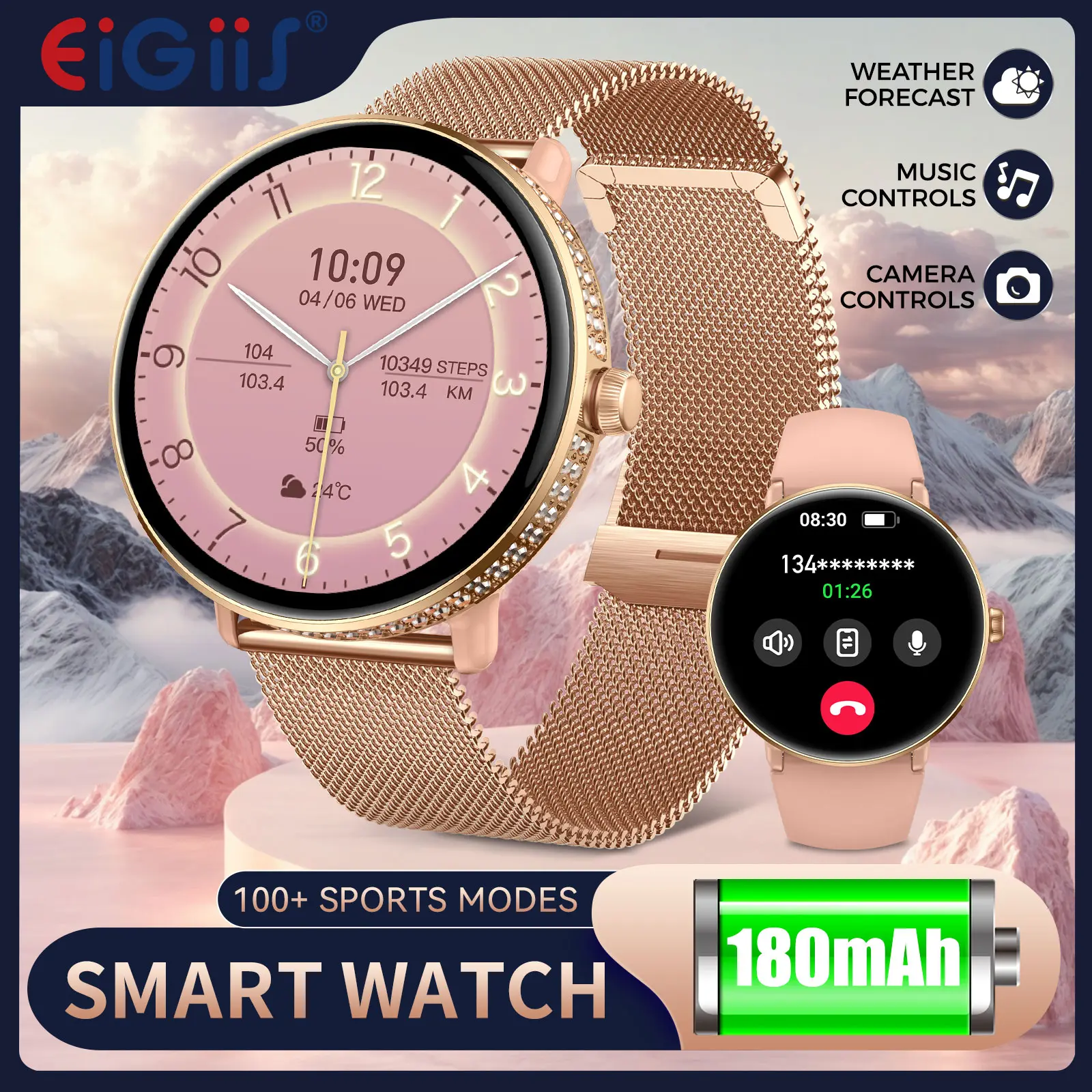 Elegant AMOLED Smart Watch for Women (Make/Answer Calls), HD Screen Smartwatch with Wireless Music Playback & Smart Notification, 100+ Sport Modes Fitness Tracker, Premium Digital Watch Mother's Day Gift for Her