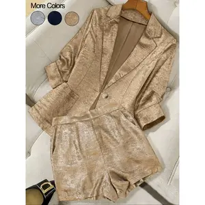 Women’s Two-Piece Set – Solid Color Blazer and Shorts, Casual Outerwear and Shorts for Everyday Wear, Ladies’ Summer Suit