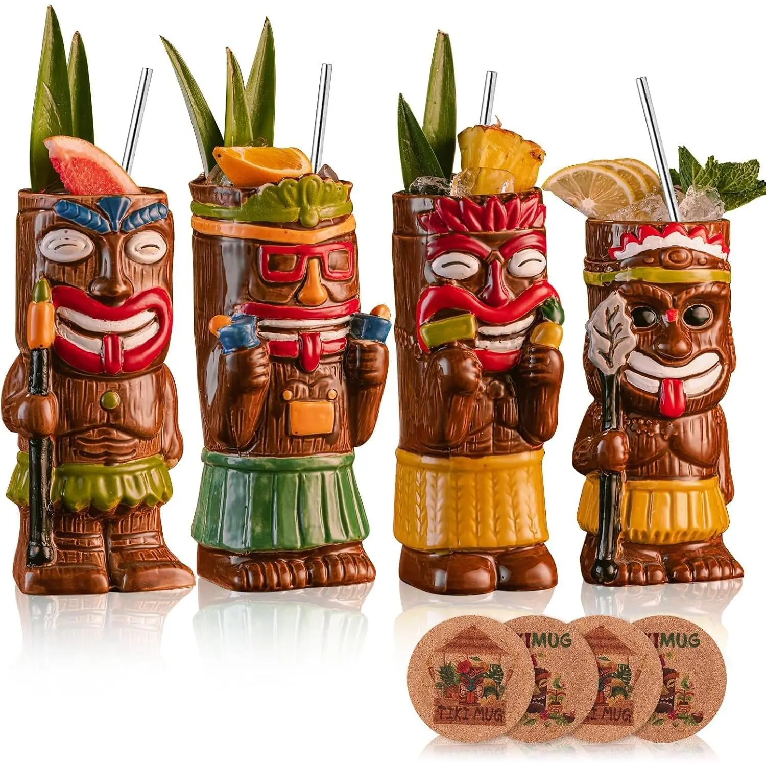 Tiki Mugs Set Of 4 - Exotic Mug With 4 Coasters And 4 Straws,Cute Ceramic Hawaiian Style  Glasses For Party And Tropical Tiki Bar,Mai Tai Drinkware (Glossy)