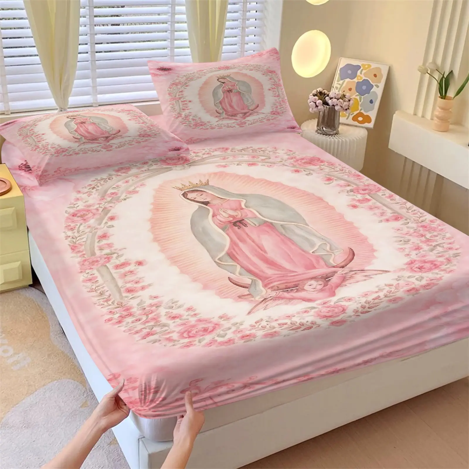 3Pcs Our Lady of Guadalupe Print Fitted Sheet Set, Mexican Faith Bed Sheet Set with Pillowcases, No Fillers, Deep Pocket Sheet for Bedroom Dorm, Stylish Religious Bedding for Devout Teens Adults, Complete Sheet Set