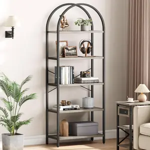 Grey Bookshelf 5 Tier Bookcase Arched Display Racks Tall Standing Bookshelves Metal Frame Modern Storage Rack Shelf Large Wood Book Shelf for Bedroom,Living Room,Home Office