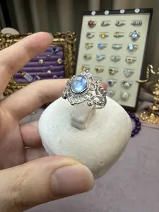 Copper, silver-Pleted  natural gemstone Aquamarine ring adjustable size,