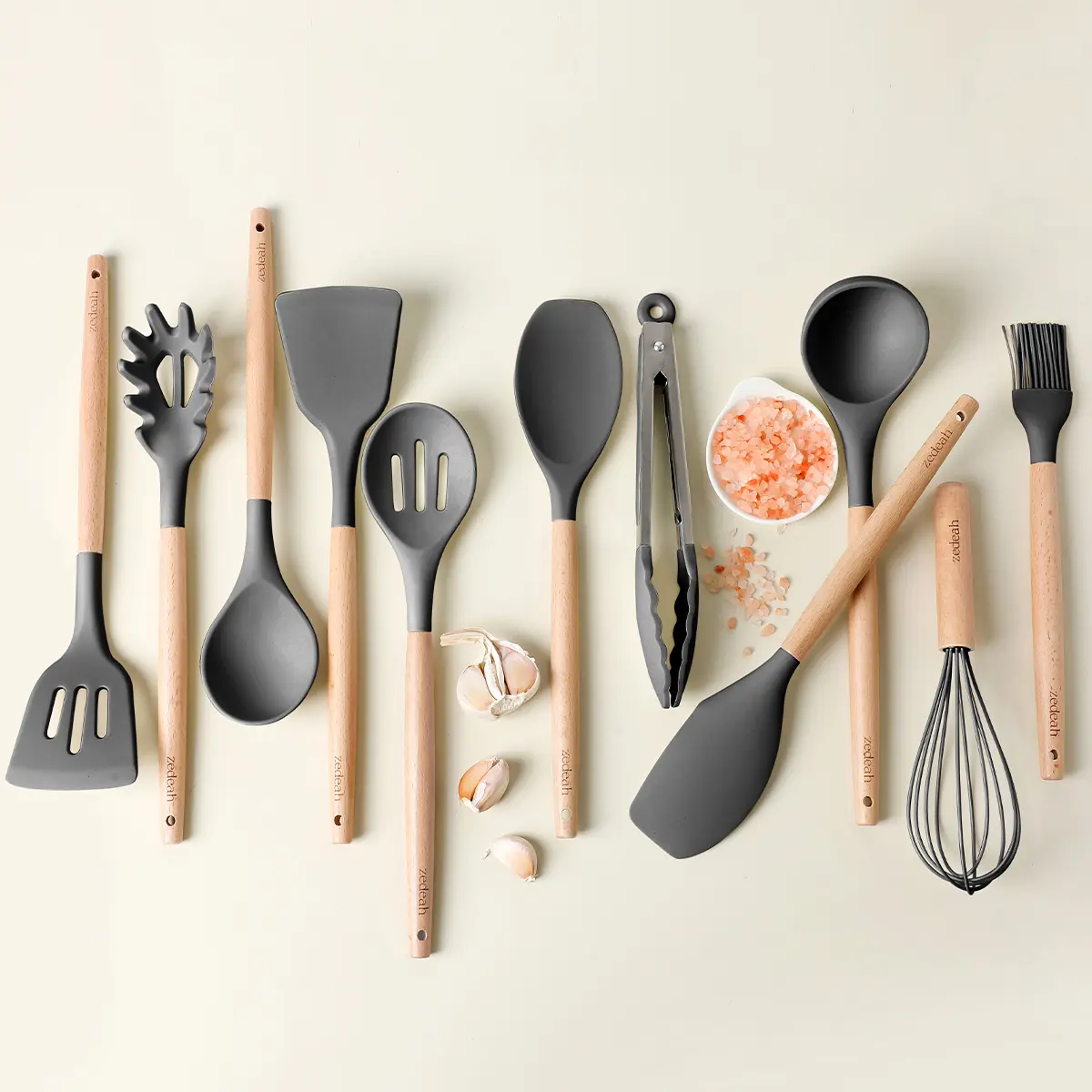 11-Piece Silicone Kitchen Utensils Set with Non Toxic Spatula, Tongs, Whisk, Turner & Ladle – Heat Resistant, Non-Scratch Cooking Tools with Wooden Handles, BPA-Free