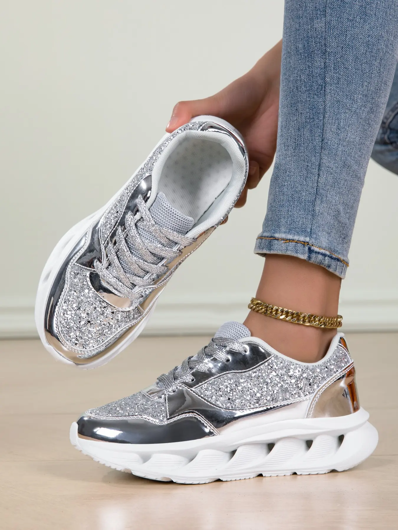 Women's Trendy Sequin Thick Sole Sneakers, Lightweight Casual Walking Shoes, Silver Color Low Top Lace-Up Design, All Season Outdoor Comfort
