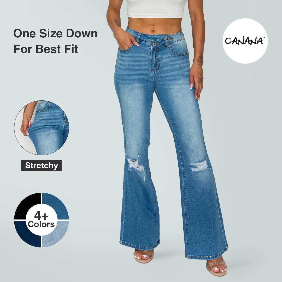 CANANA Stretchy High Rise Crossover Tapered Ripped Bootcut Jeans for Women SH25F15 Womenswear Comfortable Denim Bell Bottom Spring Fashion Daily Outfits Flare Leg Regular Size Plus Size