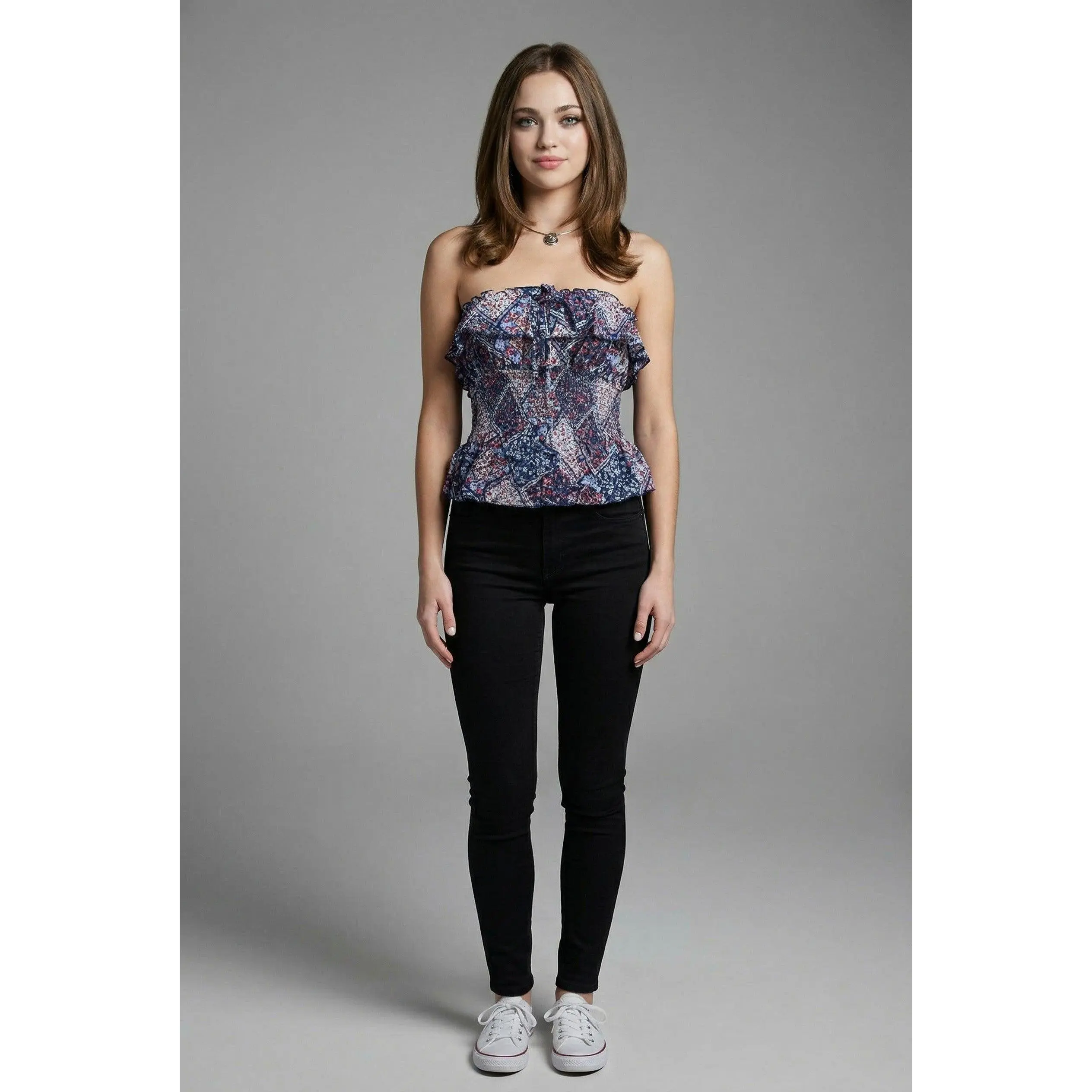 Women's Breathable Casual Strapless Ruffle Smocked Peplum Tank Top - Lightweight, Flattering Fit, 1-Piece Design, Print, Ruffled