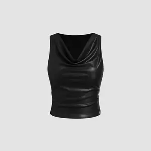 Cider Women's Faux Leather Cowl Neck Solid Ruched Crop Tank Top, 2 Colors, Size 2-26