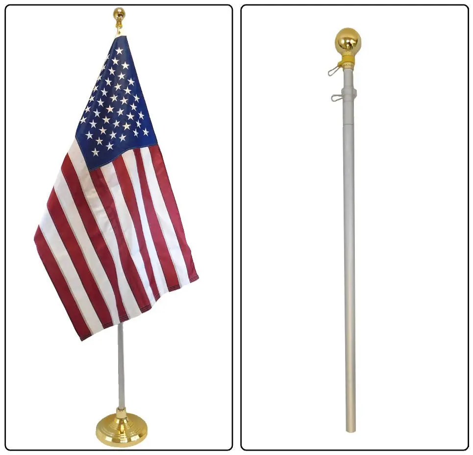 8ft Silver-Gold Aluminum Telescopic Flag Pole - 3-Section Collapsible Adjustable Indoor Pole, 1.125in Diameter, Ball Top, 38.5in Collapsed Length, 8ft Telescope Flag Support