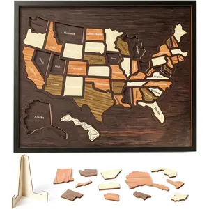 Wooden USA Travel Map Puzzle, United States Journey Tracker Maps Pin Board for Traveling with Elements Sticker, Couple Family Art Home Decor, Daily Travel Tracker Marking Gifts, Wood Puzzles