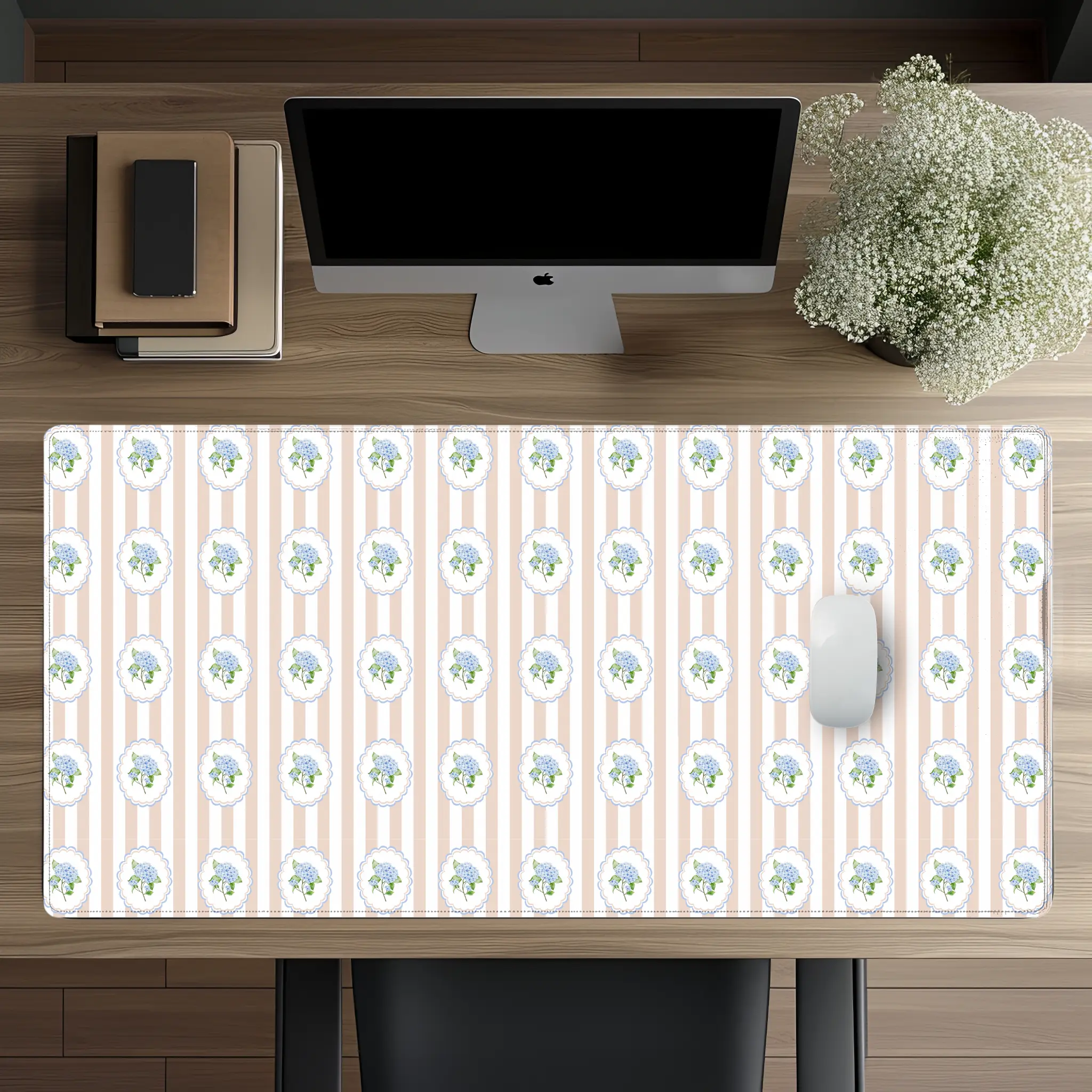 Pink Stripe Hydrangea Personalized Pattern Desk Mat Desk Accessory Cute Workspace Trendy Workspace Trendy Pattern Cute Desk Topper Desk Pad