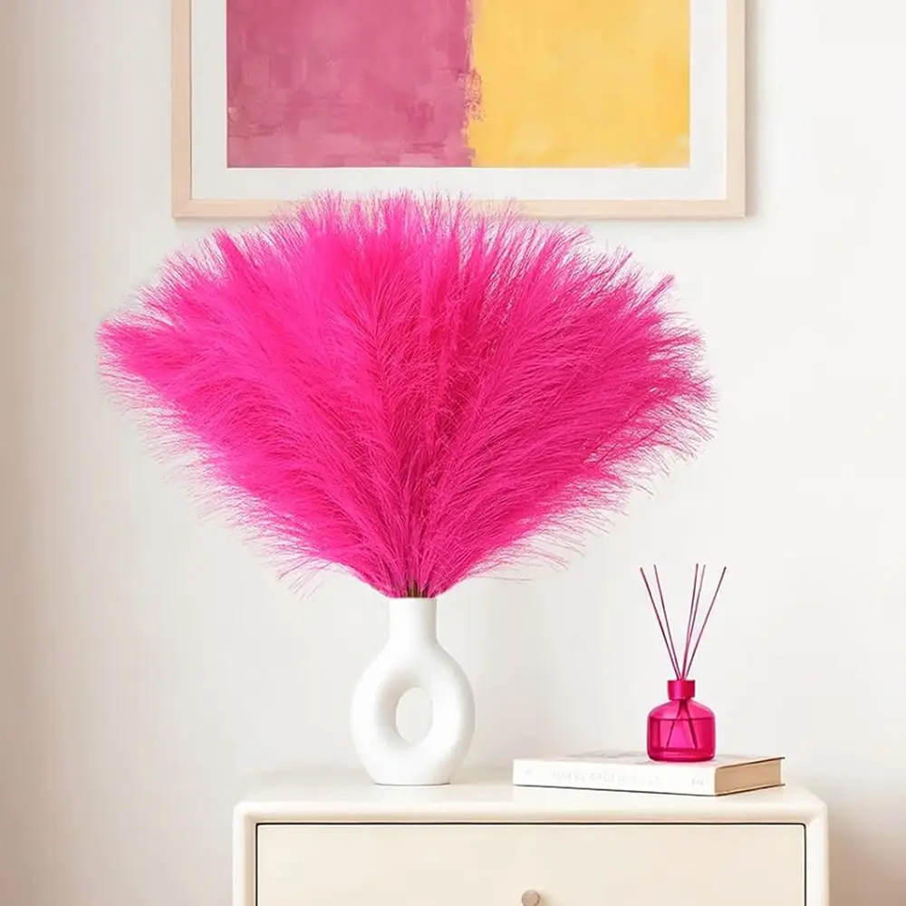 60 Pcs Pampas Grass, 17.7" Hot Pink Pampas Grass Decor, Faux Pampas Grass Home Decoration Wall Decor Vase Filler, Artificial Pampas Grass Decor for Home Wedding Centerpieces Party Decorations, Hot Pink Room Decor