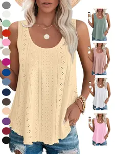 Women's Sleeveless Eyelet Embroidery Scoop Neck Top, Loose Fit Casual Summer Wear, Flowy Design for Comfortable Everyday Style, Womenswear, Breathable Embroidered Tank Top