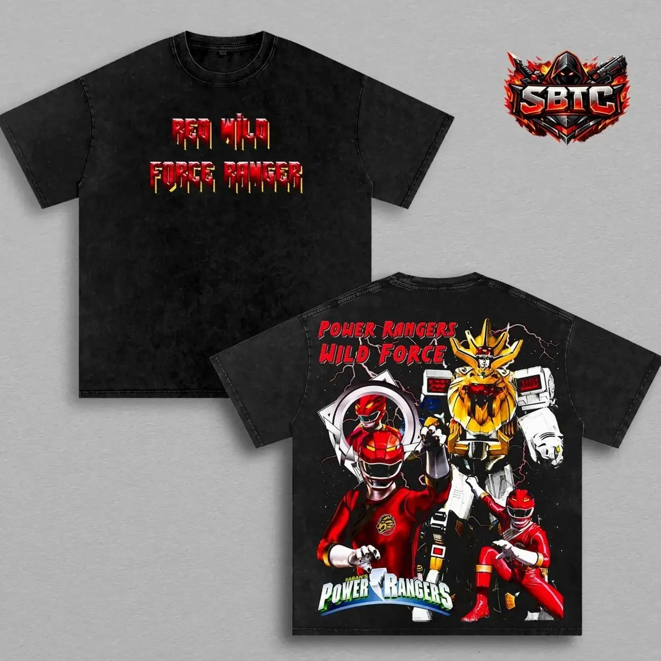 Power Rangers Wild Force Red Ranger Megazord Washed T-Shirt, Wild Force Megazord & Red Ranger Graphic Tee, Animarium Hero Heavyweight Oversized Vintage Cotton Shirt, Double-Sided Retro Super Sentai Unisex Gift PLK
