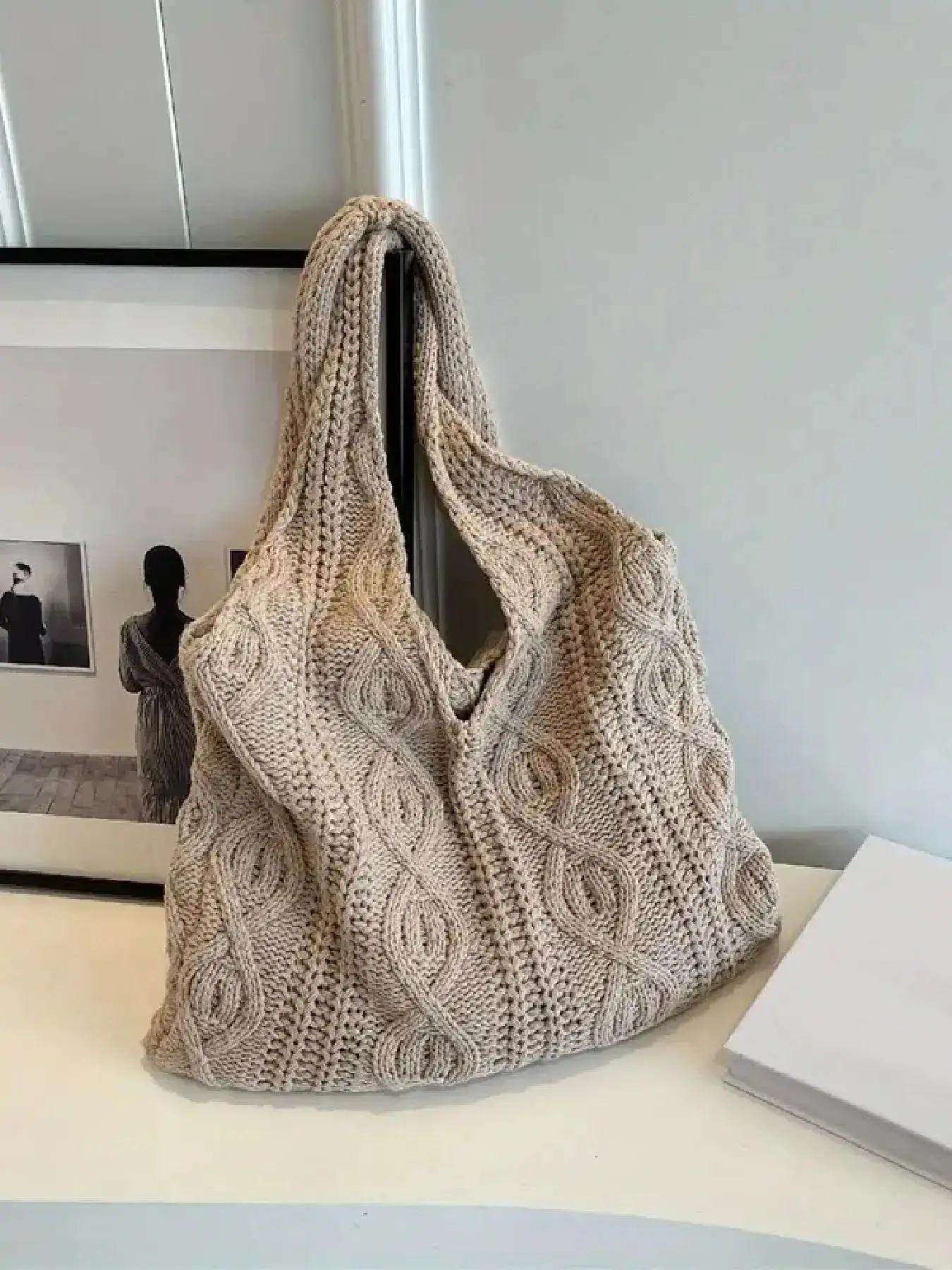 Women's Elegant Knitting Minimalist Tote Bag, Chic Trendy Vintage Large Capacity Slouchy Shoulder Bag, Versatile Shoulder Bag for Work & School Use
