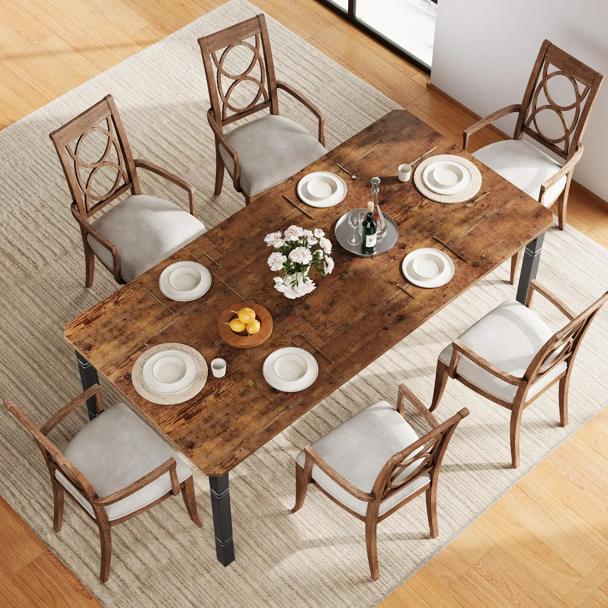 Garvee Industrial Dining Table for 6-8, Large Rectangular Wood Table, Heavy-Duty Metal Legs, Chamfered Corners, Modern Farmhouse Decor, Easy Assembly, Perfect for Dining Room, Kitchen, Living Room
