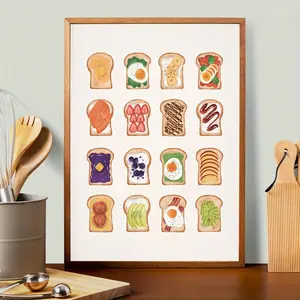 1pc Art Deco Modern Contemporary Kitchen Wall Art - Bread & Sandwich Illustration Canvas Print - Spring Summer Space Theme Poster for Home Decor, Bedroom, Living Room, Restaurants - Ink Artwork Portrait Orientation, Unframed