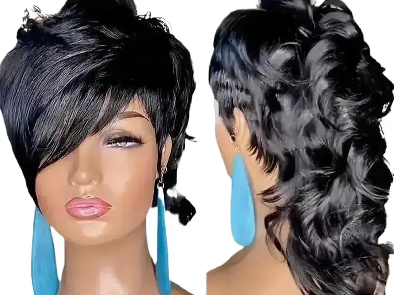Human Hair Wig With Bangs Mullet Wig Curly Wave Pixie Cut Brazilian NaturalF