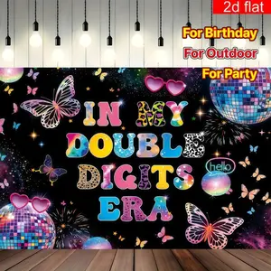 1pc 2D In My Double Digits Era Birthday Banner, Colorful Leopard Print, Butterfly & Disco Ball Printed Backdrop, Retro Y2K Style, Ideal for 10th Birthday Parties, Outdoor Gatherings & Girly Celebrations Decor