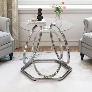 O&K FURNITURE Glass End Table, Modern End Table Living Room Table with Hexagonal Base, Round End Table for Home&Office, 1 PC