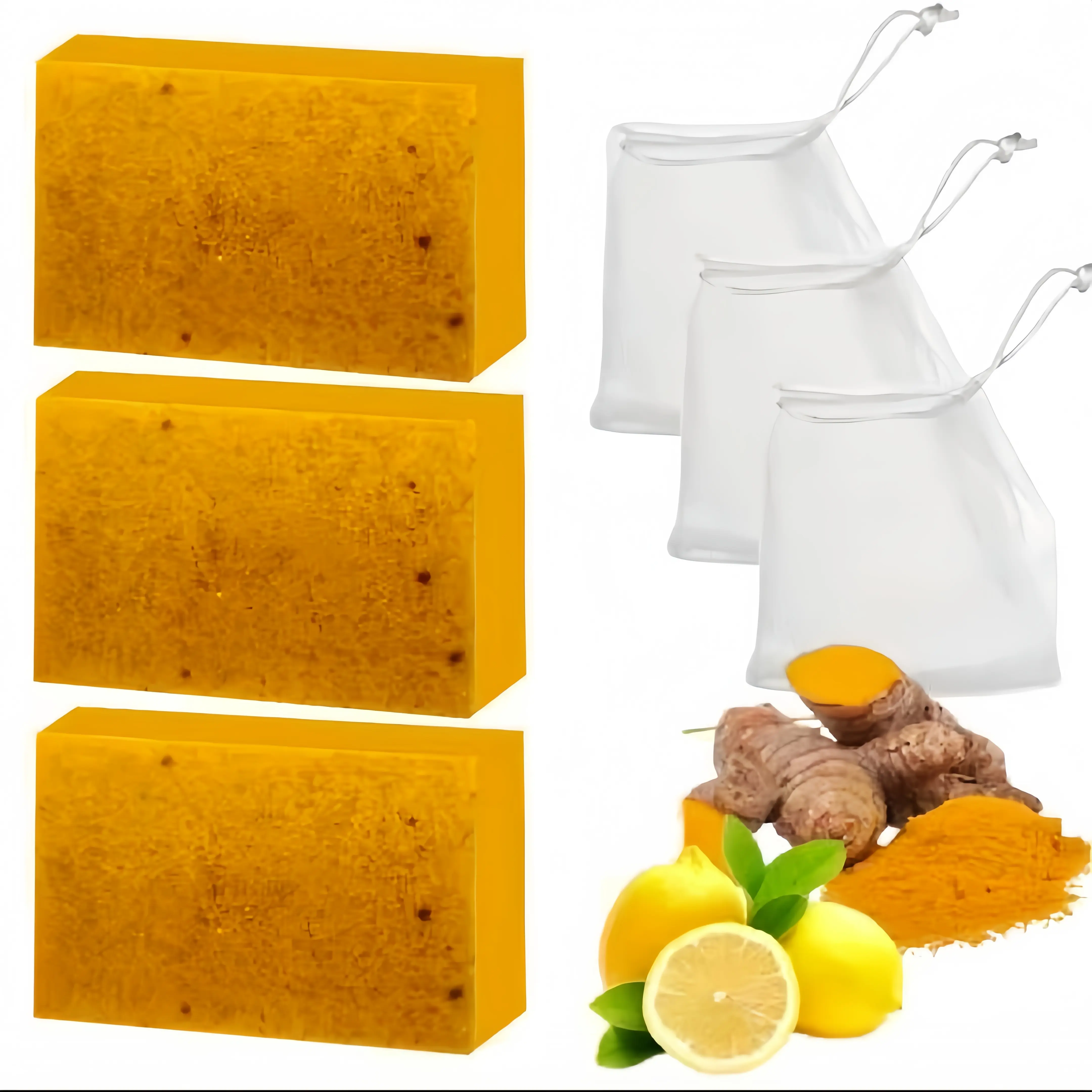 3PCS Lemon Turmeric Kojic Acid Soap Lemon Kojic Acid Soap Bar Turmeric Soap Bar Kojic Acid Soap Facial Skincare Radiant Comfort，Daily Skincare Cleanser Sets with Soap Saver Bags, Christmas Gift sohochic,backtoschool