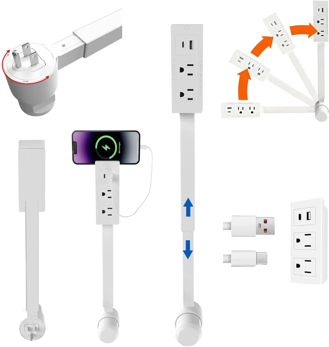 Electrical Outlet Extender with USB-A&USB-C&2 AC,180° Rotating Power Socket Expander 17''-27'', Extendable Outlet for Hard to Reach Places for Sofa Desk Behind Bedside Tables