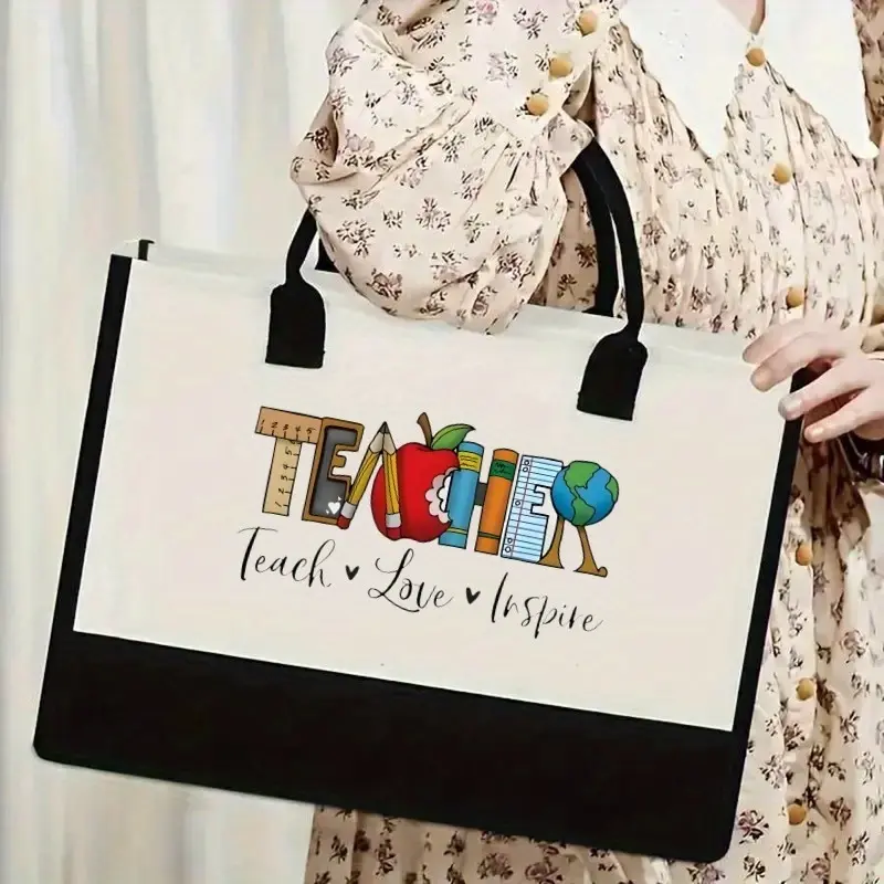 Large-Capacity Durable Canvas Tote Bag with "TEACHER" Design - Multicolored Travel tote Bag, Black Handles, Perfect Gift for Teachers, Friends & Family, Teacher Themed Gear | Playful Graphic Tote | Sturdy Handle Bag, Bag