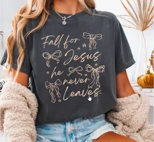 Fall for Jesus T-Shirt  Christian Coquette Aesthetic Tee | Faith Based Vintage Graphic Shirt | Autumn Bow Graphic Top for Women