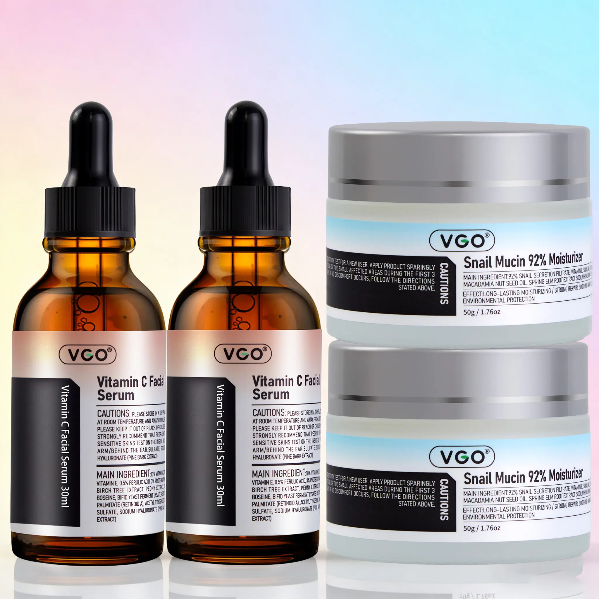VGO Skin Care Set: Vitamin C Serum, Snail Mucin Moisturizer, & Skin Cleanser for Sensitive Skin - 30ml & 50g - Radiant Complexion & Elasticity Repair