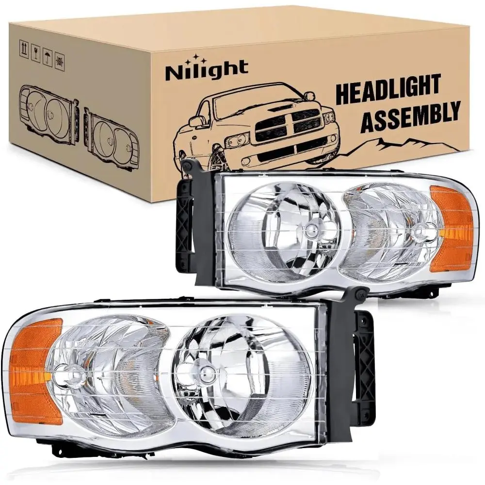 Nilight Headlight Assembly for 2002-2005 Dodge Ram 1500,2500,3500 Trucks - Chrome Case, Amber Reflector, IP65 Rated, OE Standard, Plug-N-Play, Anti-Fog Vent, Waterproof, Dustproof, HB5 Bulb Slot, 15 Mins Installation, Night Driving Compatible