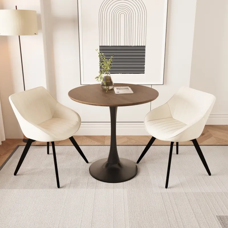 [SOIYELIFE] 31.5 " walnut color MDF round dining table, tulip dining table, and 2 artificial leather decorative chairs with black metal legs, 2-4 person kitchen dining table and chair set Unique furniture
