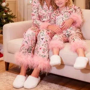 Joviecrown Silky Mommy and Me Christmas Pajamas Set Feather Trim Long Sleeve Button Down Matching Xmas Sleepwear for Mother Daughter Holiday Family Matching Homewear Sleepwear girlswinter homewear