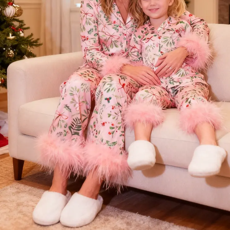 Joviecrown Silky Mommy and Me Christmas Pajamas Set Feather Trim Long Sleeve Button Down Matching Xmas Sleepwear for Mother Daughter Holiday Family Matching Homewear Sleepwear girlswinter homewear