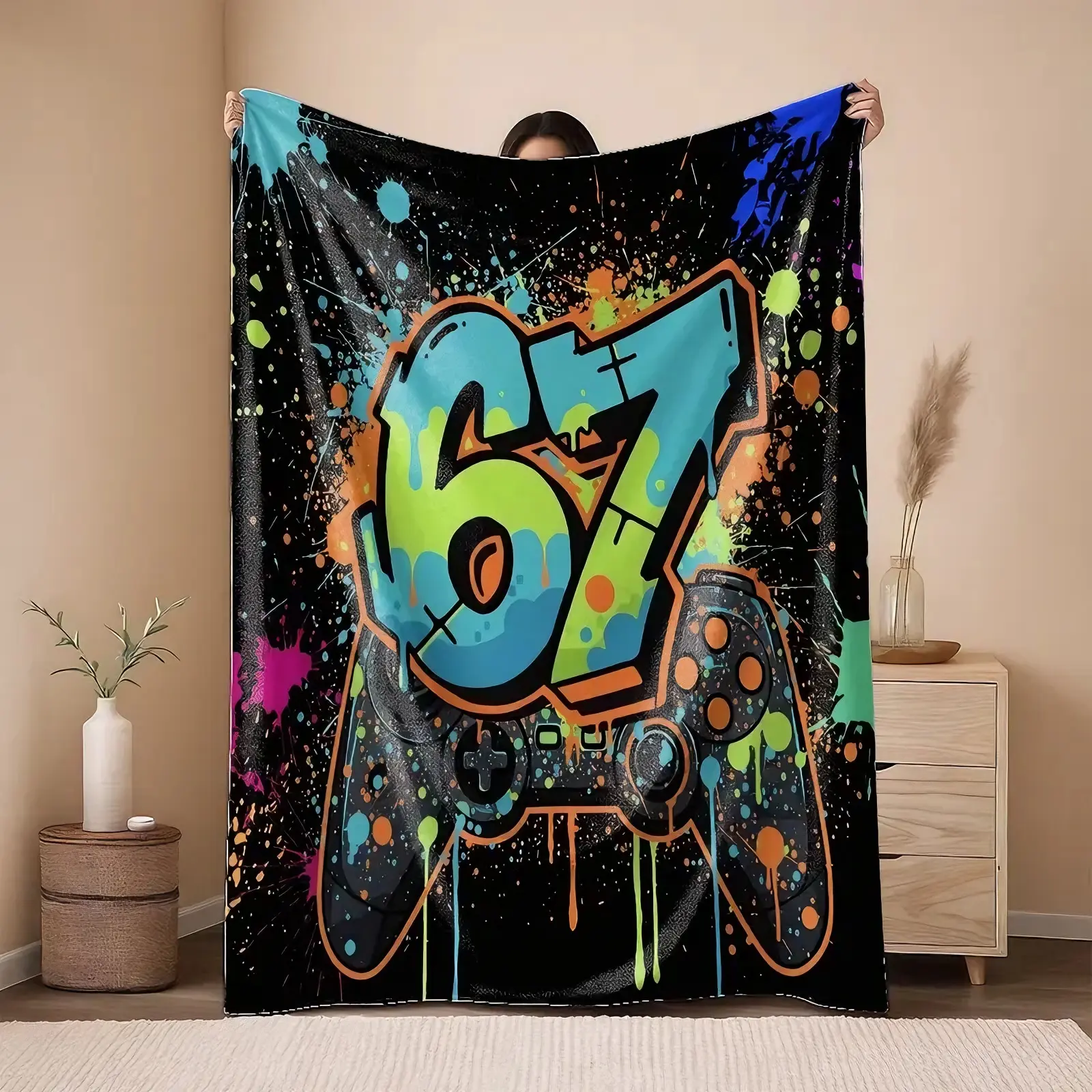 1pc Flannel Fleece Weighted Throw Blanket - 2D Flat Printing, Brightly Colored Graffiti-Style 67 Number Pattern, All-Season Lightweight, Living Room/Bedroom Warm Decorative Text Blanket, Art Graphic Custom Print Christmas Gift, Throw Blankets, Weighted Bl