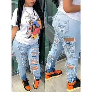 Women’s high-waisted skinny jeans with ripped cuffs and ankle-length gradient casual denim bottoms