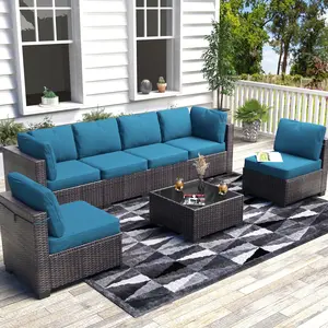 GARVEE 7-Piece Patio Furniture Set with Wicker Sectional Sofa, Coffee Table, and Cushions - Perfect for Outdoor Spaces Like Garden, Balcony, Porch in Dark Brown & Peacock Blue