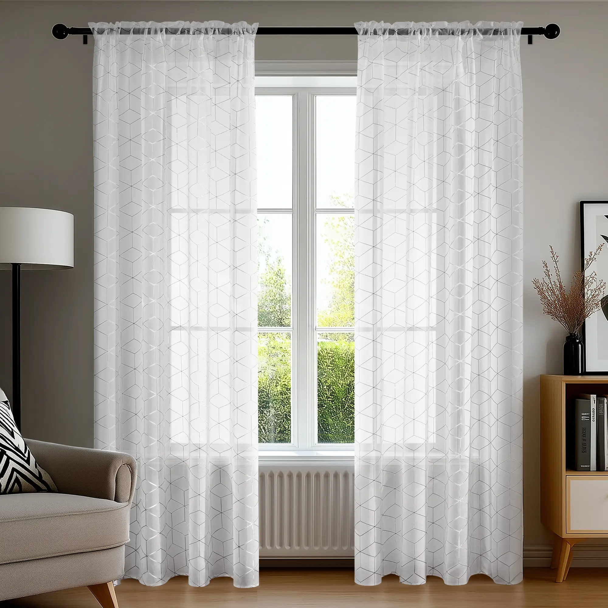 Silver Geometric Sheer Curtains | Rod Pocket | Light Filtering Drapes