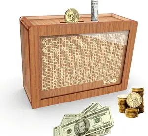 Piggy Bank for Adults and Kids, Wooden Money Bank Cash Vault, Savings Challenge Money Bank with Counter, Featuring Savings Target and Numbers (Brown, Pink $10,000).